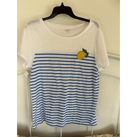 LOFT Outlet Blue And White Striped Lemon Shirt Large Short Sleeve T Shirt Lemons - Picture 1 of 4